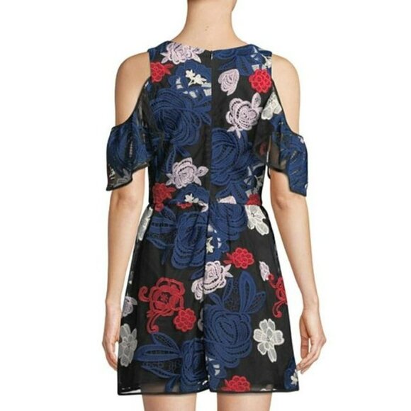 Devlin Kara Floral Embroidered Mini Dress Black Multi Cold Shoulder Boho M - Picture 2 of 10